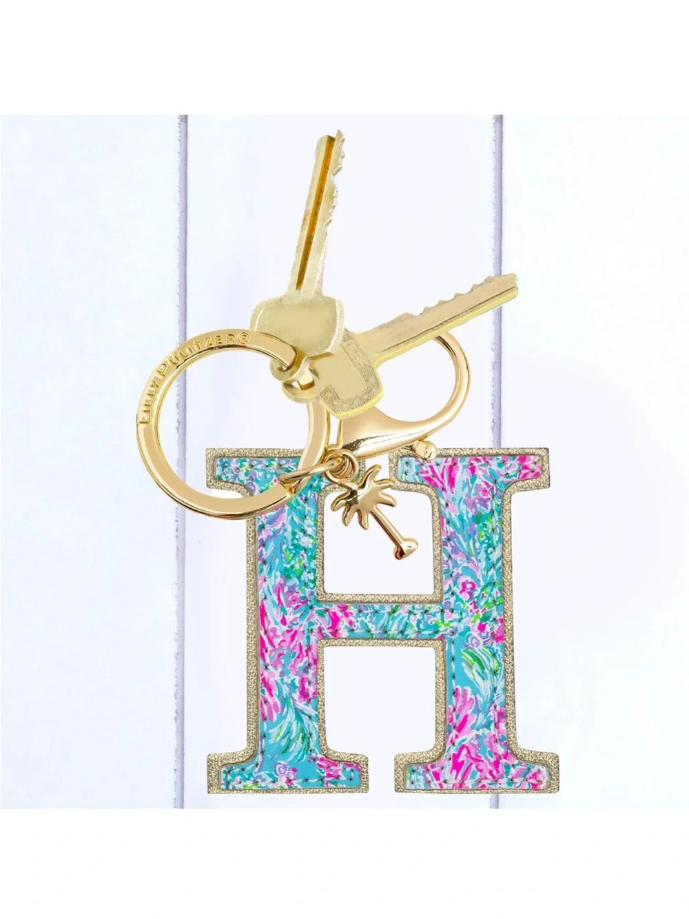 Lilly Pulitzer Floral H Initial Keychain Turquoise Pink with Gold Hardware - New
